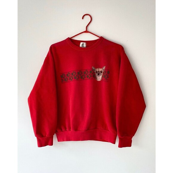 90s vintage red dog puppy chihuahua graphic boxy cozy crewneck pullover sweater - Picture 1 of 9